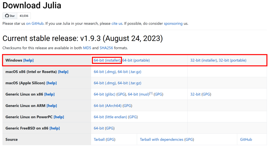 Downloading Julia installer on Windows