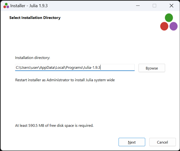 Selecting Julia installation directory