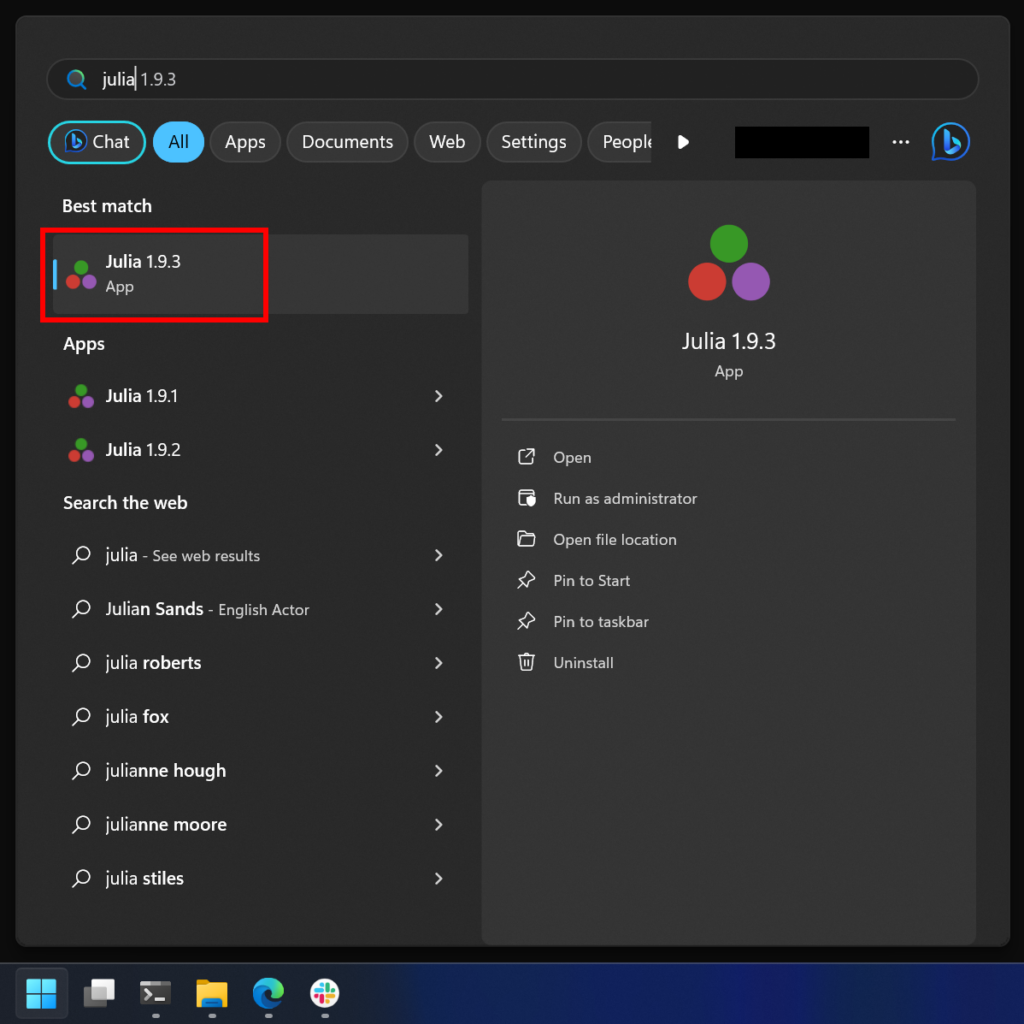 Start menu Julia search results