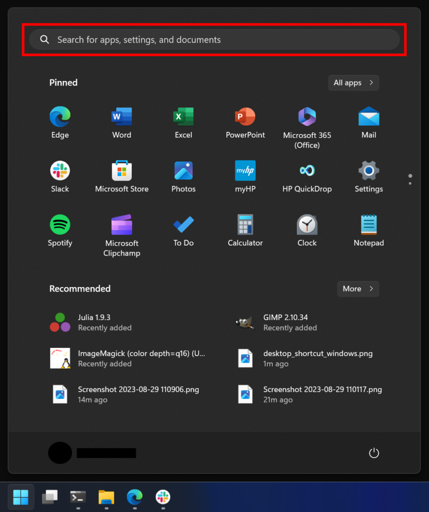 Start menu search bar