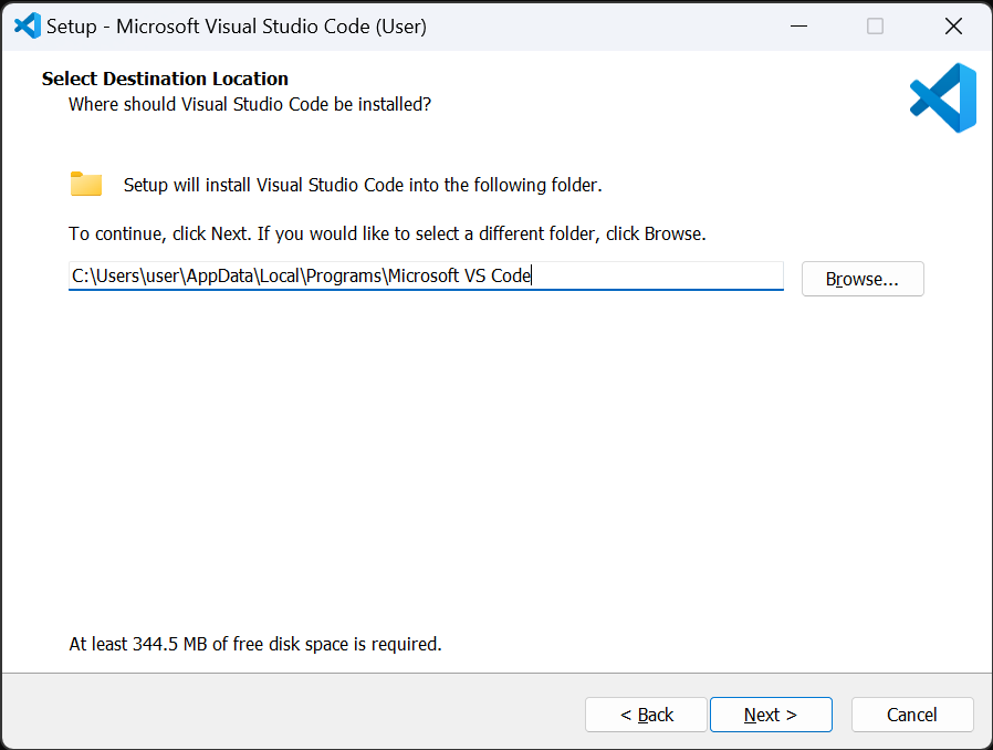Selecting VS Code installation directory