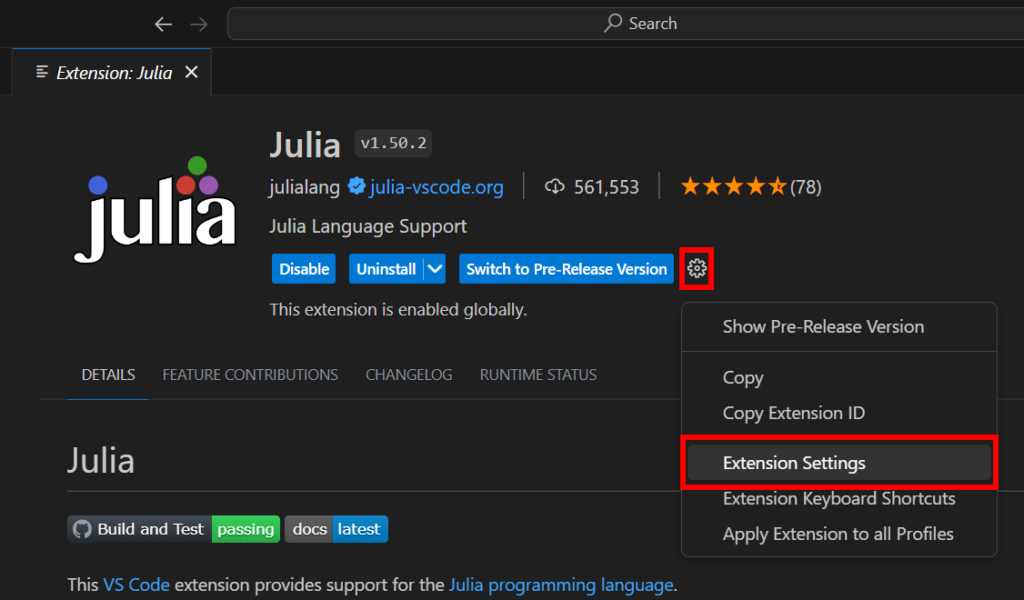 Opening Julia extension settings