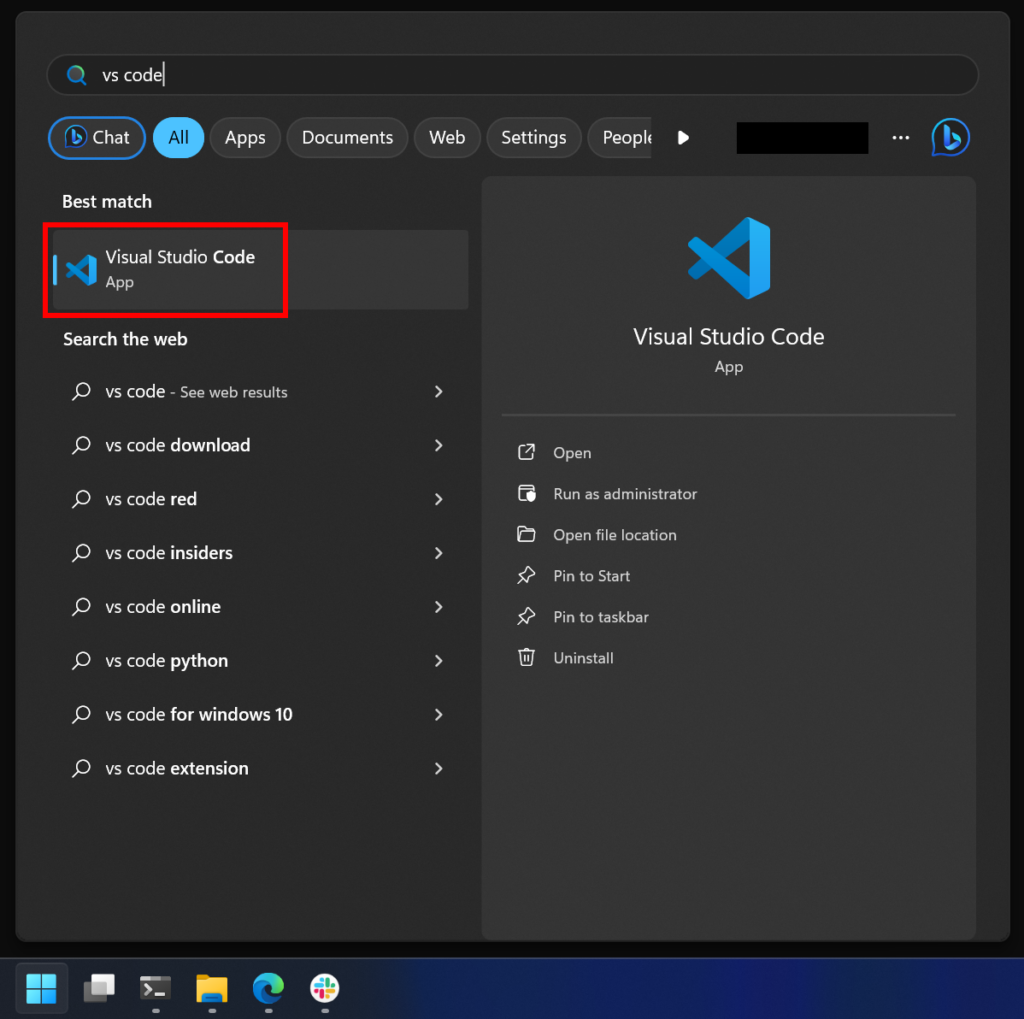 Start menu VS Code search results
